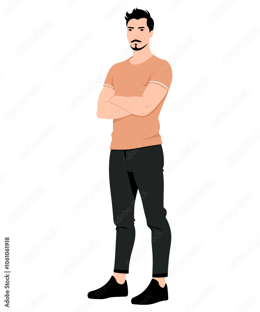Fototapeta premium Vector illustration. A man in a soft peach-colored T-shirt and dark trousers, his arms crossed.