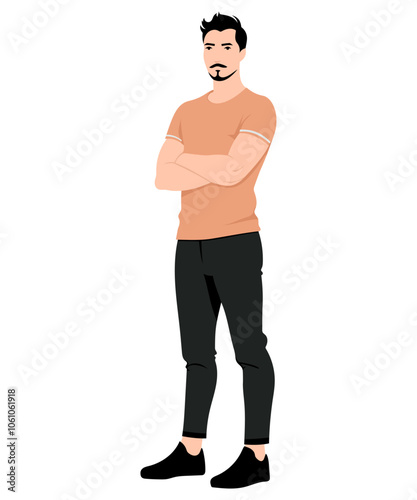 Vector illustration. A man in a soft peach-colored T-shirt and dark trousers, his arms crossed.