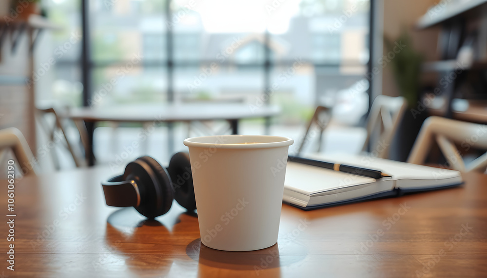 Closeup of a white paper cup of coffee on a table in an empty cafe without people. Nearby are the headphones and notebook. Mockup isolated with white highlights, png Closeup of a white paper cup of coffee on a table in an empty cafe without people. Nearby are the headphones and notebook. Mockup isolated with white highlights, png
