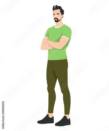 Vector illustration. Young man in olive pants and green T-shirt, standing confidently with crossed arms.