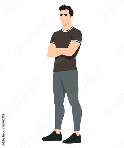 Vector illustration. Young man in a dark T-shirt and light gray trousers, relaxed pose, arms crossed on chest.