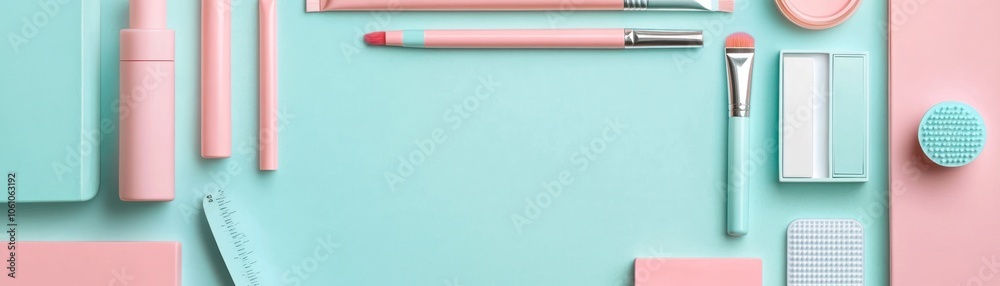 Pink and Blue Makeup Brushes and Products on a Pastel Background Pink and Blue Makeup Brushes and Products on a Pastel Background