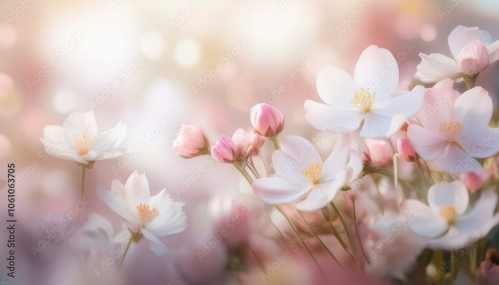 Delicate pink and white blossoms, bathed in soft sunlight.  A soft and dreamy springtime scene.