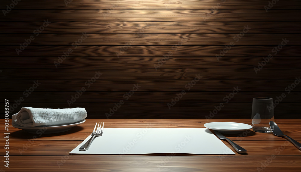 Blank menu with cutlery on wooden table isolated with white highlights, png Blank menu with cutlery on wooden table isolated with white highlights, png