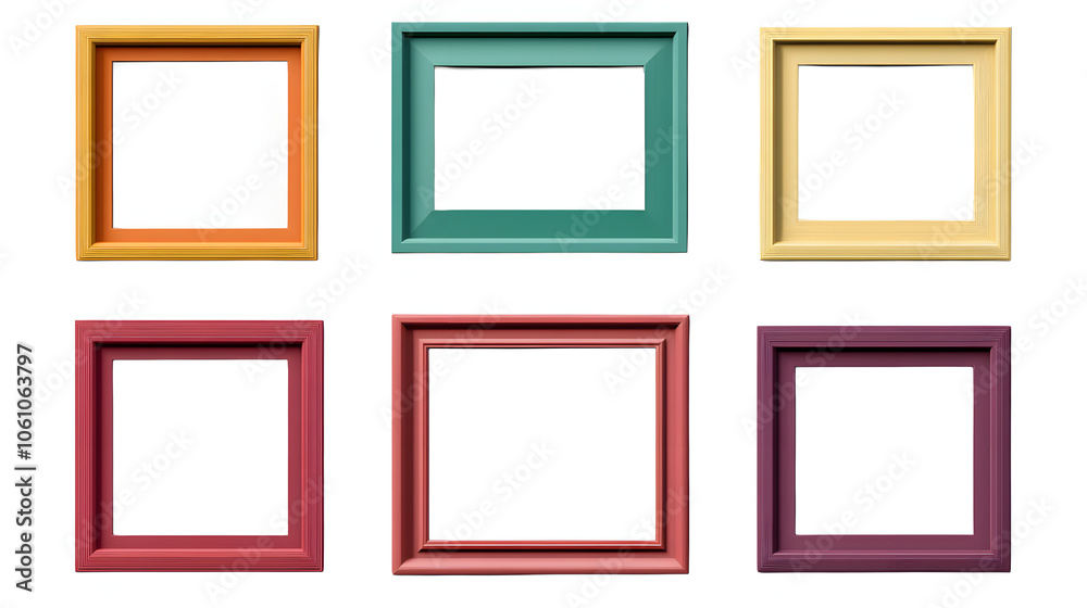Set of various multicolour empty wooden picture frame mock-up isolated on transparent background. Generative AI Set of various multicolour empty wooden picture frame mock-up isolated on transparent background. Generative AI