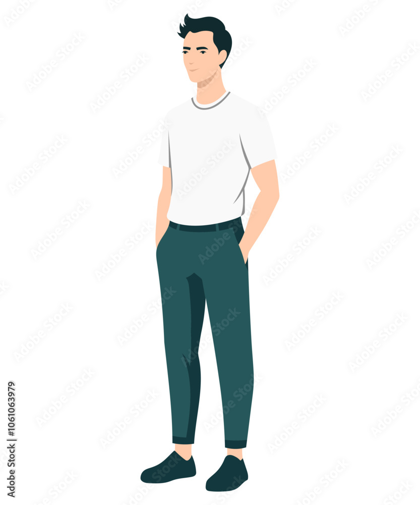 Vector illustration. A man in a white T-shirt and dark trousers, stands in a relaxed pose, his hands are down. Vector illustration. A man in a white T-shirt and dark trousers, stands in a relaxed pose, his hands are down.