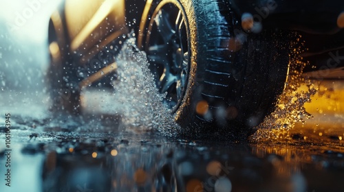 Car wheels powering through wet streets, creating splashes and reflections that capture the intensity and style of urban driving in rainy conditions 