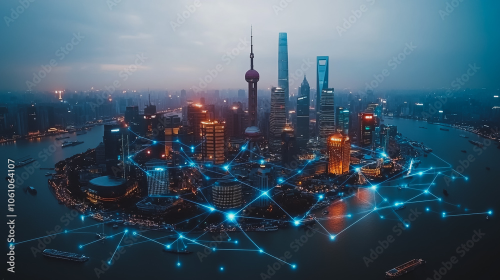Fototapeta premium Smart digital city with connection cyber security network reciprocity over the cityscape . future smart wireless digital city and social media networking systems that connects people within the city