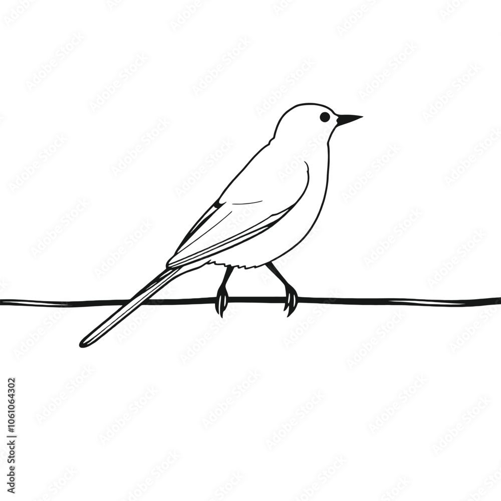 a black and white line drawing of a bird perched on a wire. a black and white line drawing of a bird perched on a wire.