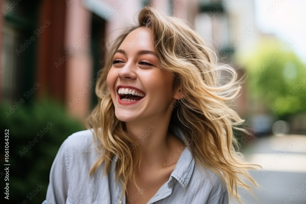 Closeup portrait of a beautiful young woman laughing with her hair blowing in the wind Closeup portrait of a beautiful young woman laughing with her hair blowing in the wind