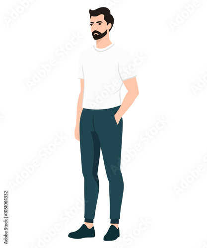 Vector illustration. A man in a white T-shirt and dark trousers, stands in a relaxed pose, his hands are down.