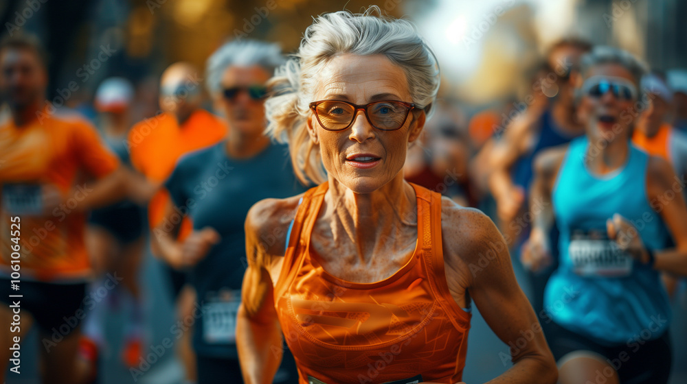 Gray-haired adult female senor athlete running in a group race through city streets. Gray-haired adult female senor athlete running in a group race through city streets.