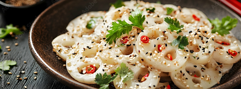A lotus root salad beautifully garnished with sesame seeds and fresh herbs, showcasing traditional Chinese cuisine - A lotus root salad beautifully garnished with sesame seeds and fresh herbs, showcasing traditional Chinese cuisine -