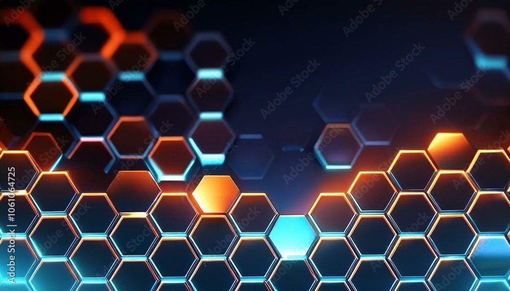 Abstract background of glowing hexagons in blue and orange. Abstract background of glowing hexagons in blue and orange.
