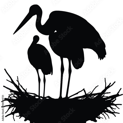 a black silhouette of three storks standing on top of a nest.