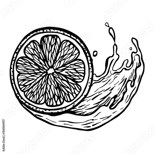 A slice of citrus fruit in juice. Vector graphic illustration of sliced juicy lime, orange, grapefruit. A black and white hand-drawn image of citrus fruits. Great for menus, labels, cooking recipes.