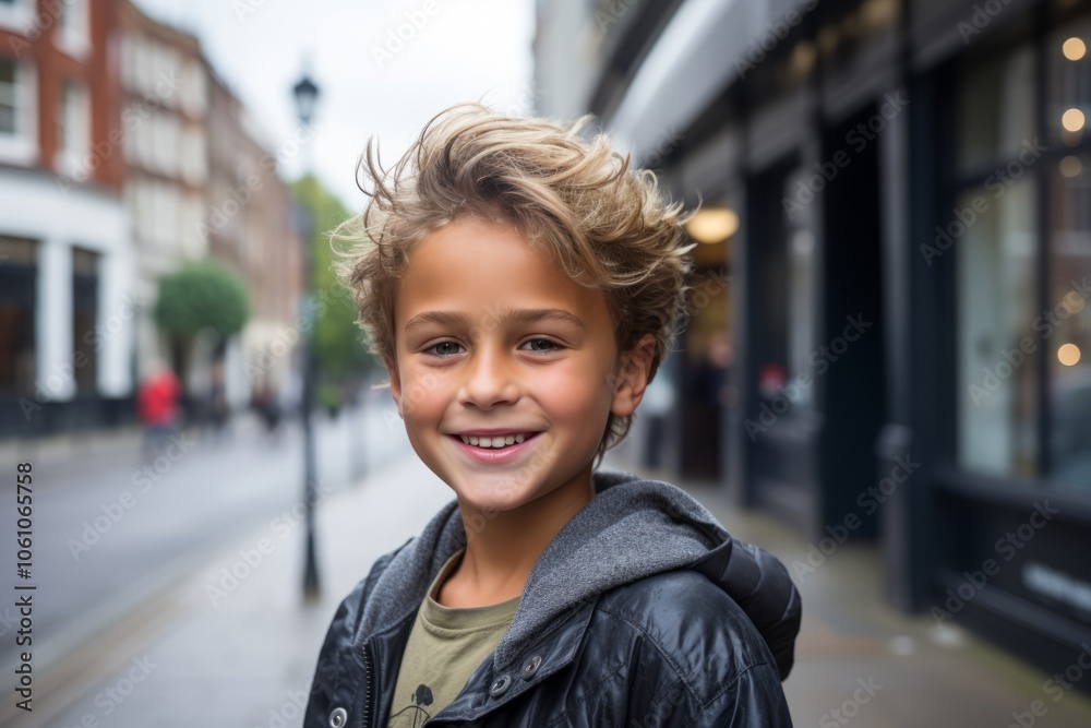 Portrait of a smiling little boy with blond hair in a city street Portrait of a smiling little boy with blond hair in a city street