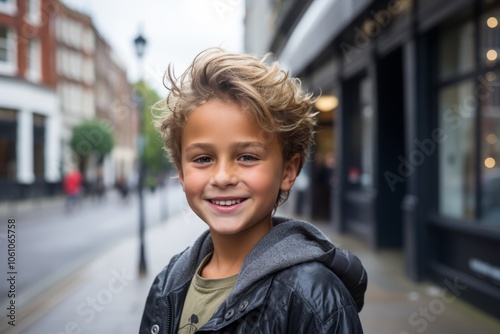 Portrait of a smiling little boy with blond hair in a city street