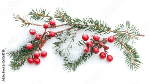 Snow-Dusted Evergreen Branch with Red Berries