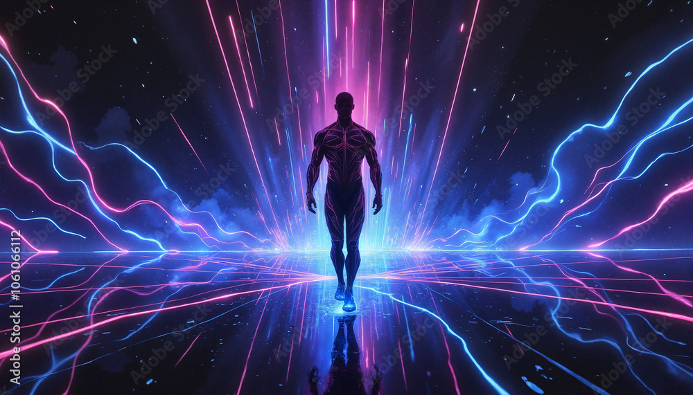 Dynamic human figure walking through radiant energy beams and vibrant light in a futuristic art style, energy fields, energy meridians Dynamic human figure walking through radiant energy beams and vibrant light in a futuristic art style, energy fields, energy meridians