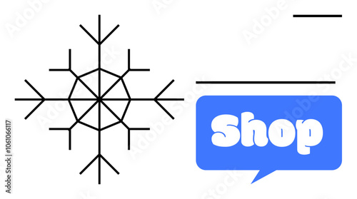 Black snowflake with geometric lines alongside blue speech bubble with shop text in white. Ideal for winter themes holiday shopping online stores seasonal sales and marketing promotions. Minimalist