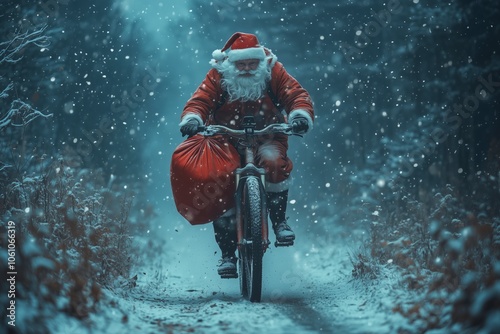 Santa Claus riding bike in the forest under blizzard