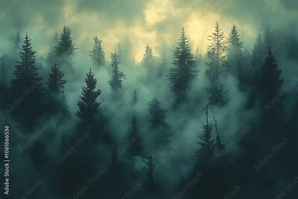 Mysterious foggy forest with sun rays shining through the trees Mysterious foggy forest with sun rays shining through the trees