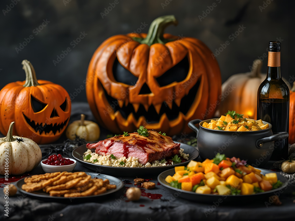 Halloween pumpkins with carved spooky faces for autumn holiday decoration Halloween pumpkins with carved spooky faces for autumn holiday decoration
