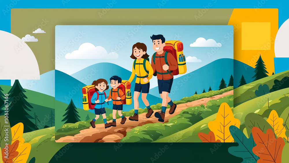 Obraz premium Happy family autumn hiking in the mountains with backpacks, cartoon style flat design illustration