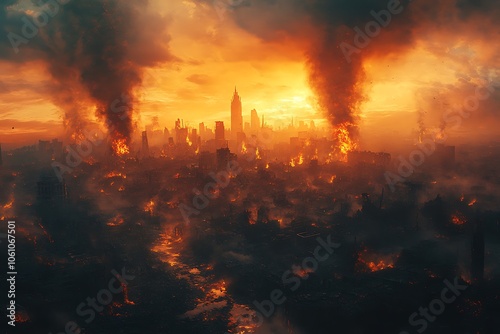 Aerial view of a city engulfed in flames and destruction