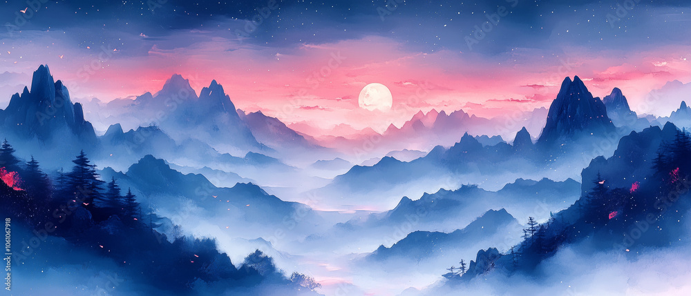 Paysage nocturne de Tianzi Shan en illustration vectorielle immersive Paysage nocturne de Tianzi Shan en illustration vectorielle immersive