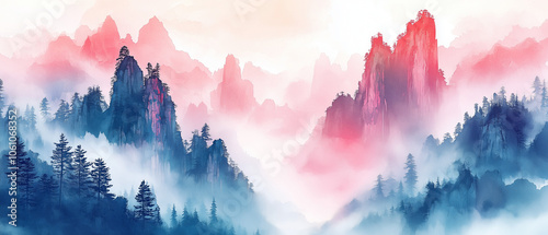 Illustration vectorielle en aquarelle du paysage de Tianzi Shan pour fond d'écran panoramique photo