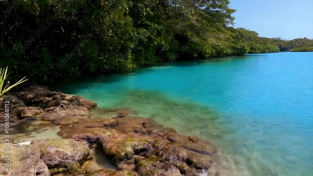 A stunning video of a clear blue lagoon surrounded by lush greenery
A stunning video of a clear blue lagoon surrounded by lush greenery