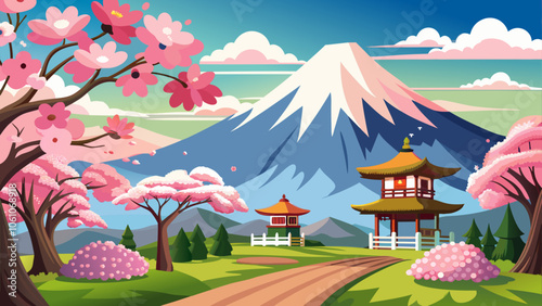 A vibrant spring landscape featuring cherry blossoms and a traditional pagoda with a mountainous backdrop in a serene setting