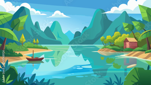 A serene lakeside view with mountains, lush greenery, and a small boat near a red cabin under a blue sky