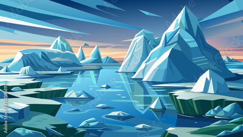 Vibrant icebergs reflecting in still waters under a colorful sky during sunset in a serene Arctic landscape