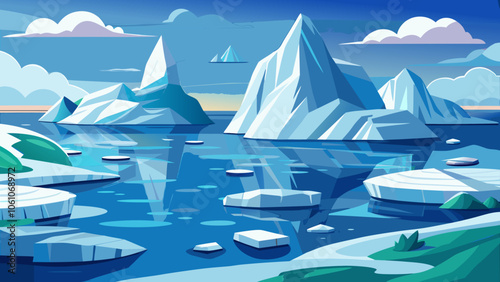 Icebergs and glacial formations reflect on serene waters under a clear blue sky in a tranquil polar landscape during the day