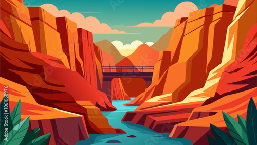 A serene river flows through vibrant orange canyon walls under a bright blue sky near the mountains during sunset