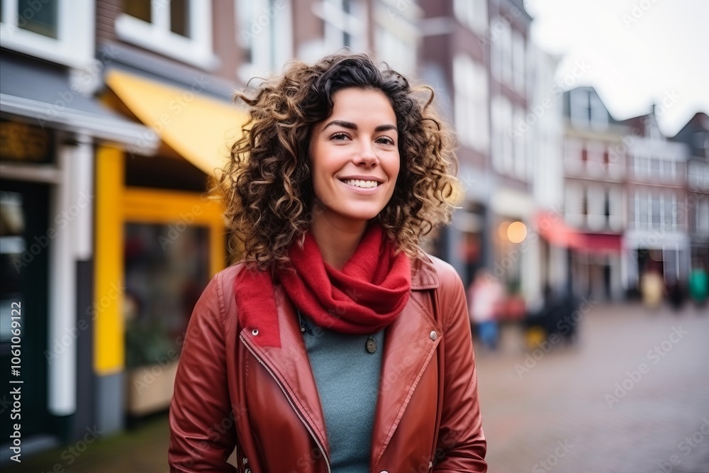 Portrait of a beautiful young woman with curly hair in the city