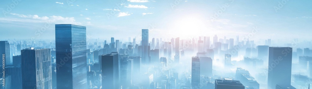 Majestic Cityscape in the Hazy Sunrise Majestic Cityscape in the Hazy Sunrise