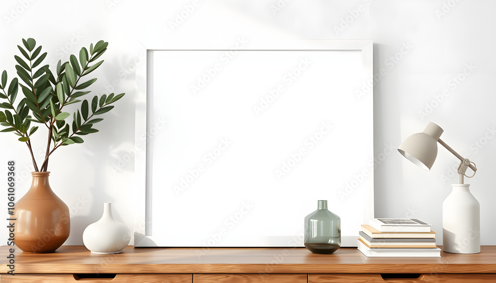 White frame and home decoration details on tabletop with wall, artwork poster mock-up isolated with white highlights, png White frame and home decoration details on tabletop with wall, artwork poster mock-up isolated with white highlights, png
