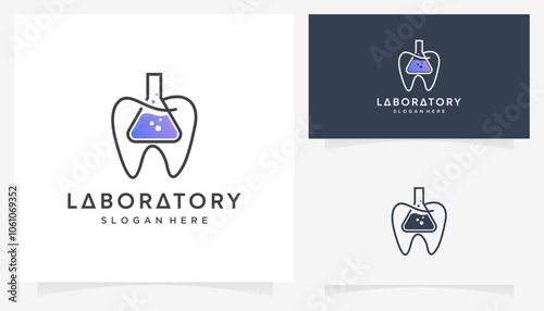 Combined vector of tooth dental with lab glass icons symbols. Abstract outline ideas science and organ logo design graphic.