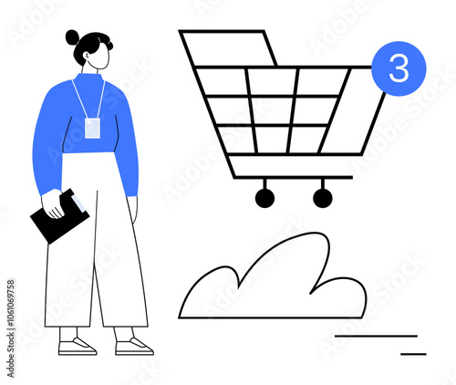 Woman holding a clipboard stands near a large shopping cart icon with a notification bubble showing number 3 beside a cloud. Ideal for online shopping, retail management, inventory control