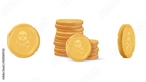 3D golden coins set, Pirate gold coin icon with a skull. Pirate doubloon. Vector illustration, stacked gold treasure metal coins. Pirate gold coin icon with a human skull