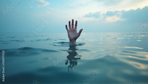 A hand stretches out of the water surface, A person stretching their hand out of the water for help before drowning photo