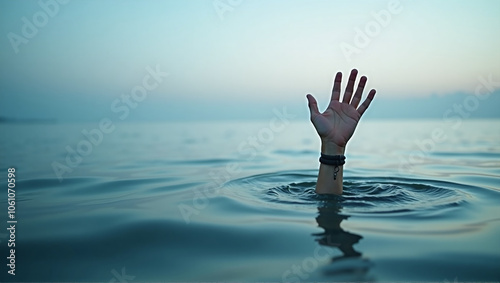 A hand stretches out of the water surface, A person stretching their hand out of the water for help before drowning