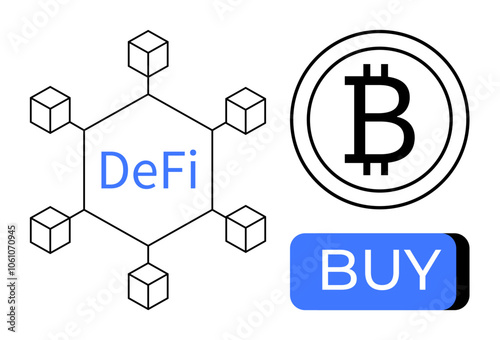 Blockchain network concept with DeFi, Bitcoin symbol, and BUY button. Ideal for cryptocurrency, fintech, digital investment, blockchain technology, online trading, decentralized finance trends