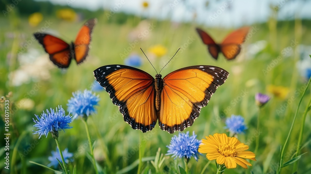 Colorful Butterflies in a Vibrant Meadow Scene Colorful Butterflies in a Vibrant Meadow Scene