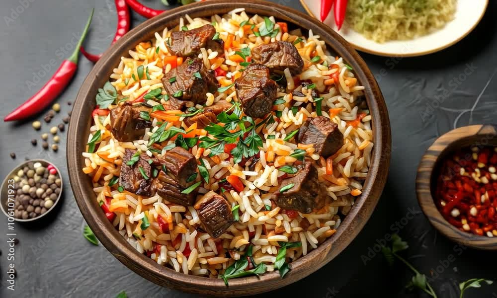 A close-up of a bowl of rice with meat, vegetables, and herbs.