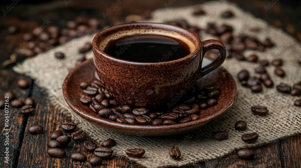 A cup of coffee with roasted beans on a rustic wooden background A cup of coffee with roasted beans on a rustic wooden background